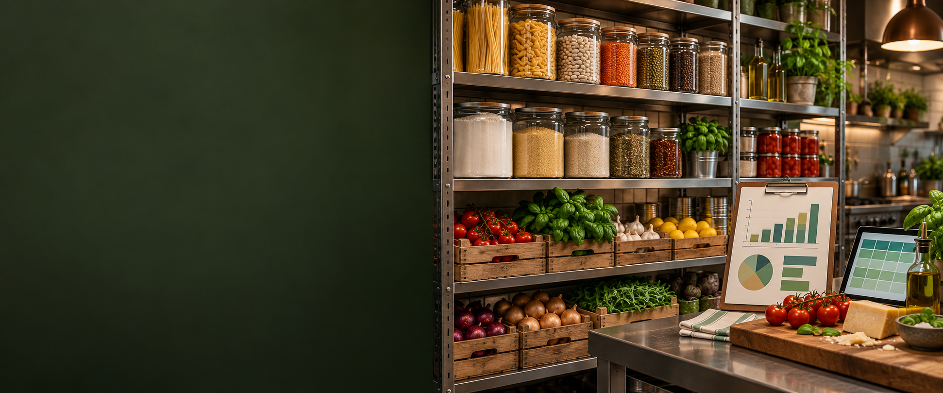 Dispensa ordinata con ingredienti e visualizzazioni illustrative