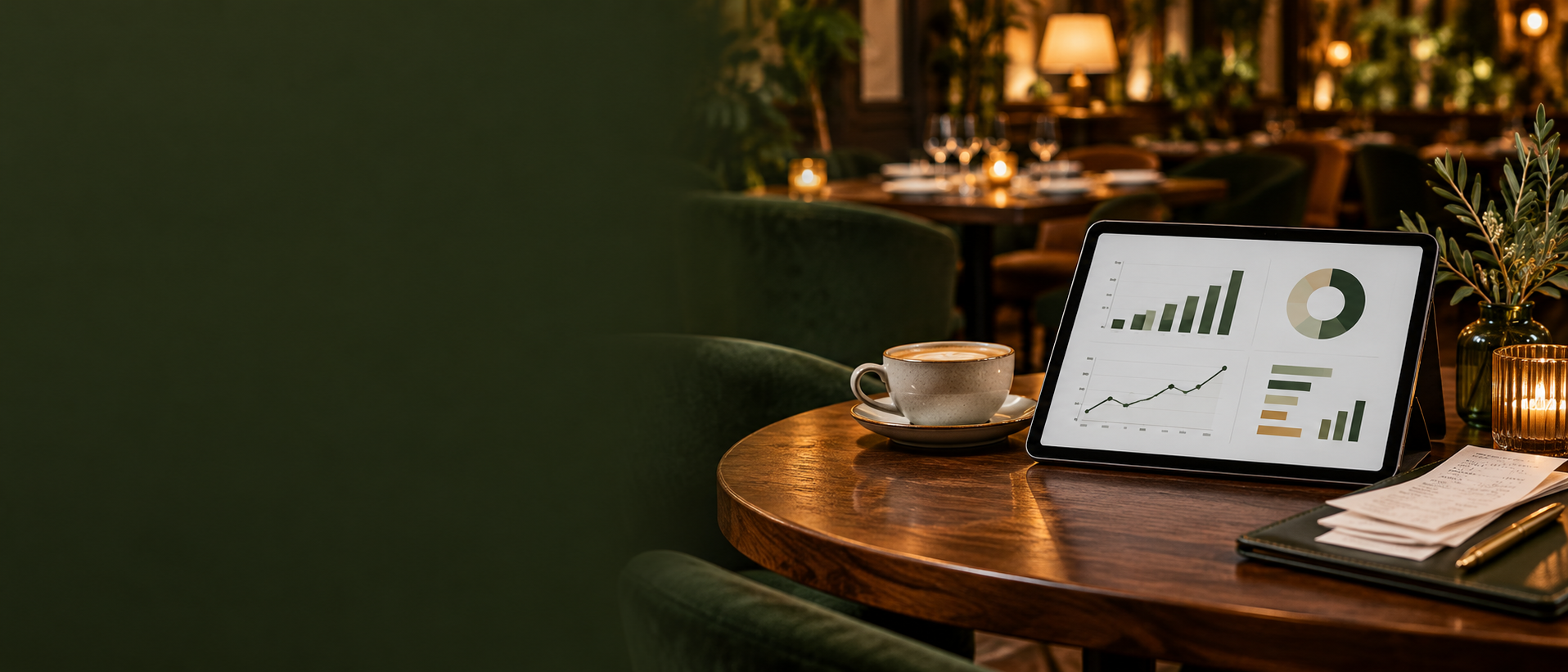 Visuale illustrativa di grafici di andamento su un tablet in un ristorante